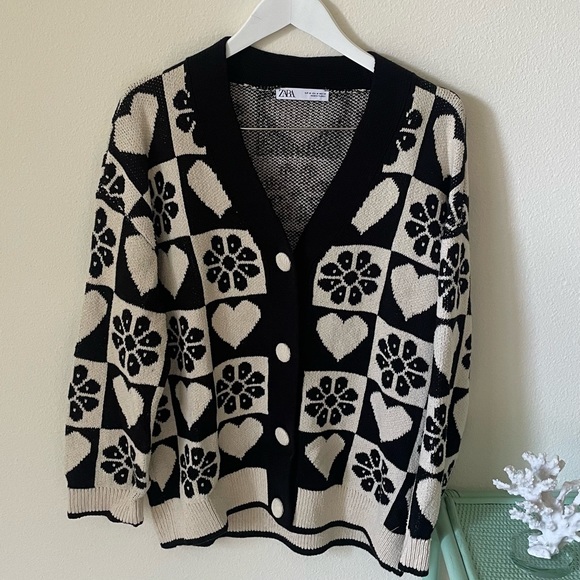 Zara Blogger Favorite Jacquard Checkered Heart & Floral Cardigan - Picture 9 of 11